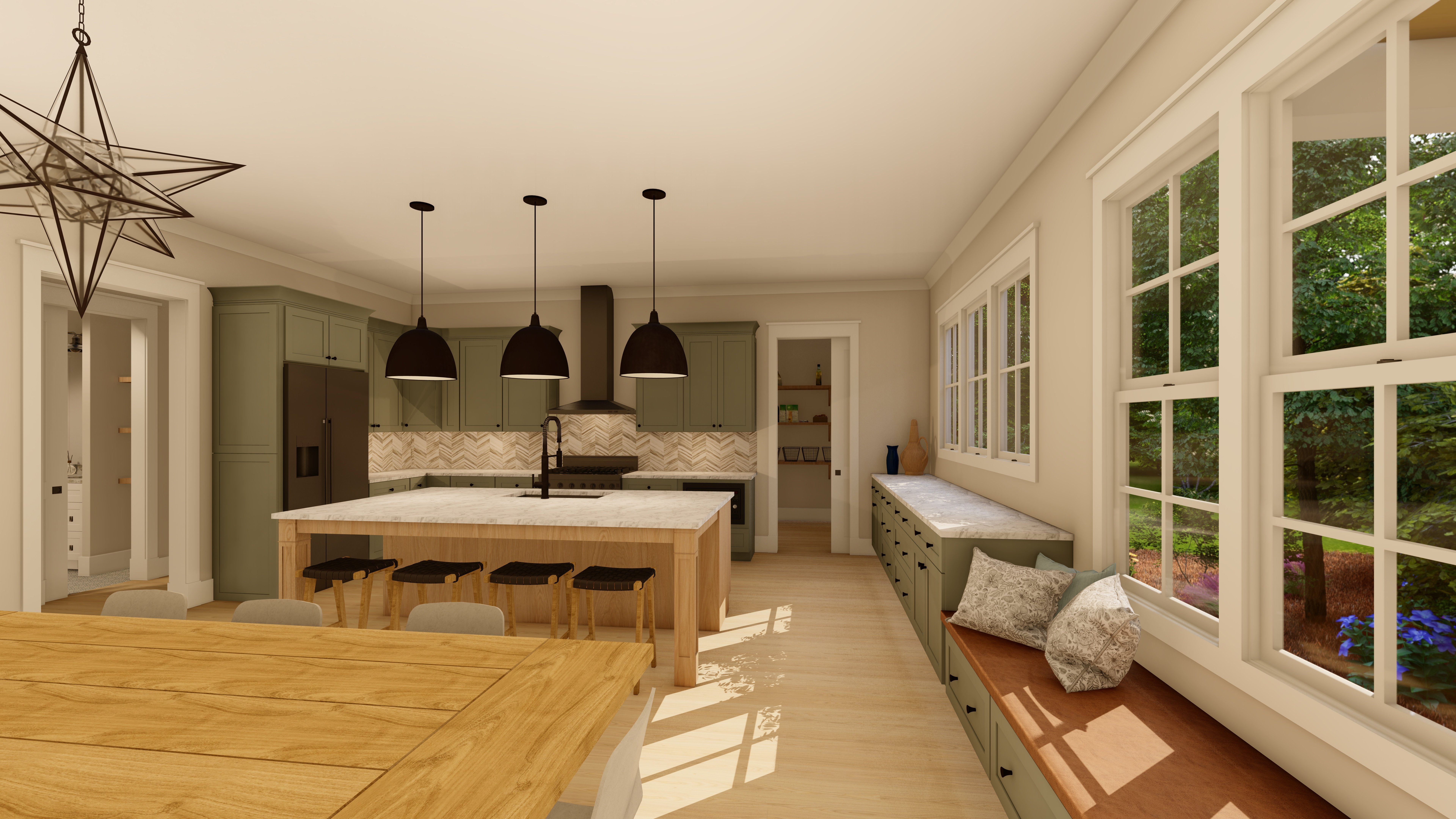 Coastal kitchen 3D render for a luxury Wilmington NC builder home plan