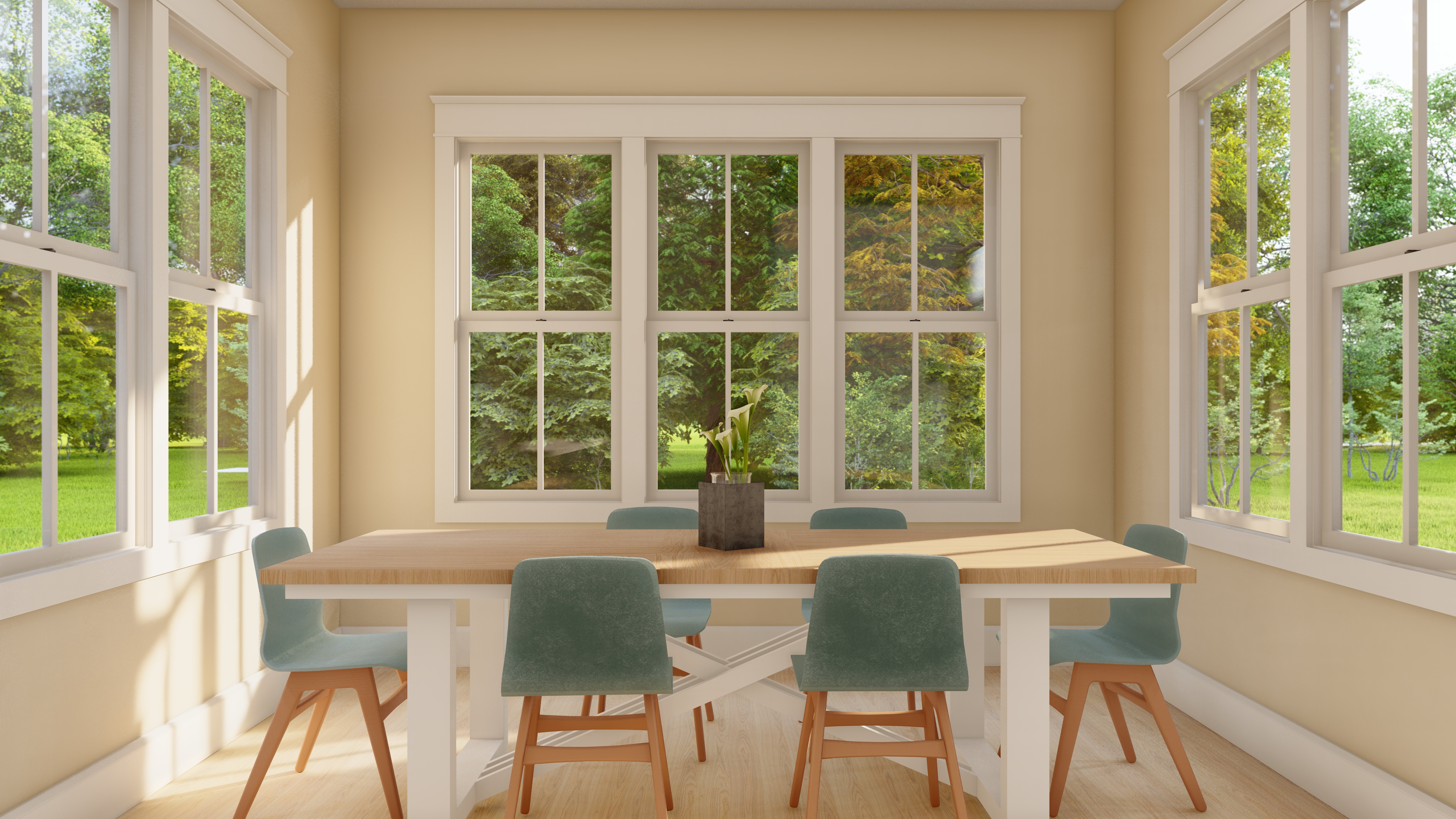Bright dining area 3D render for a Wilmington NC coastal home plan