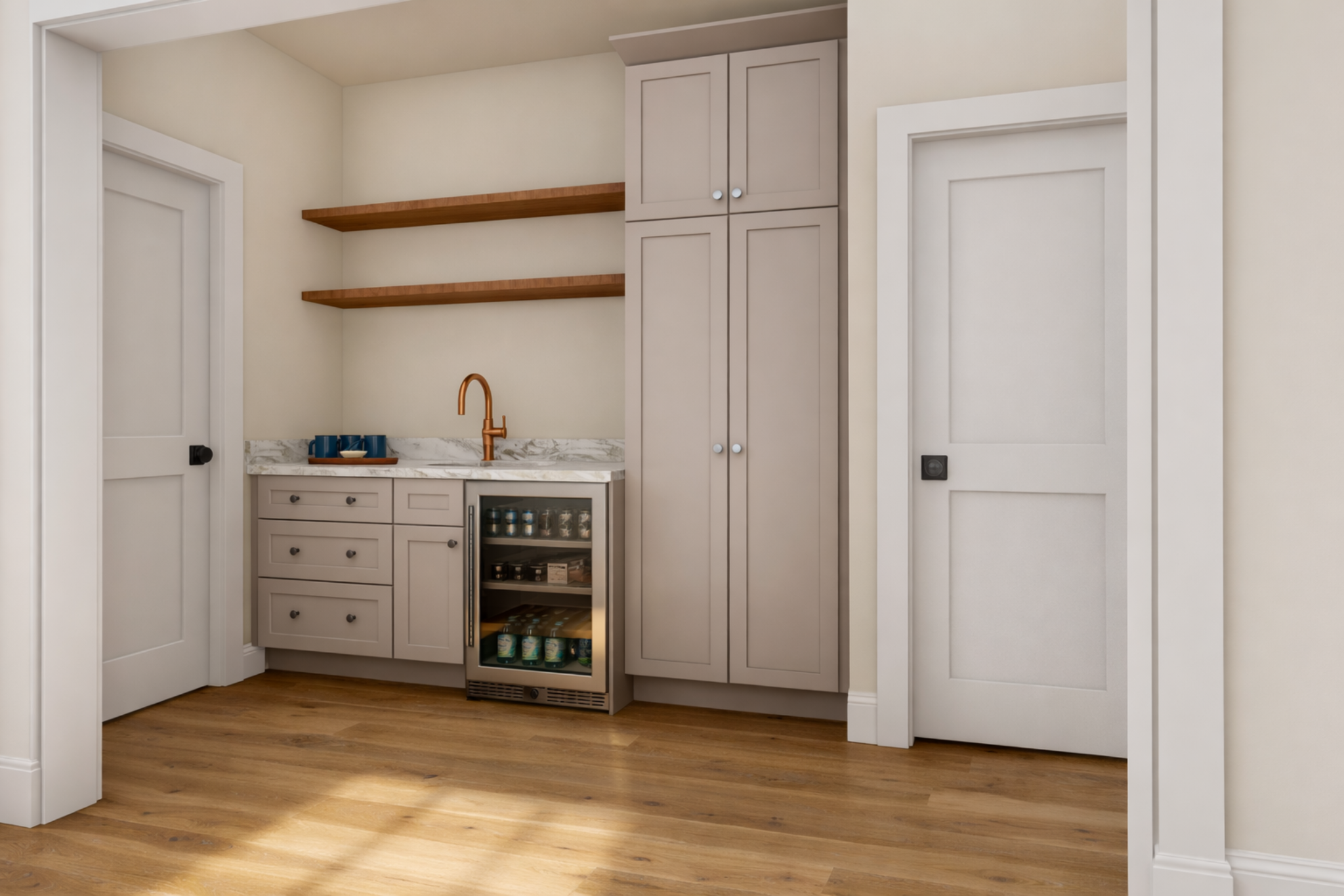 custom-beverage-station-built-in-cabinetry-open-shelving-coastal-home-wilmington-nc