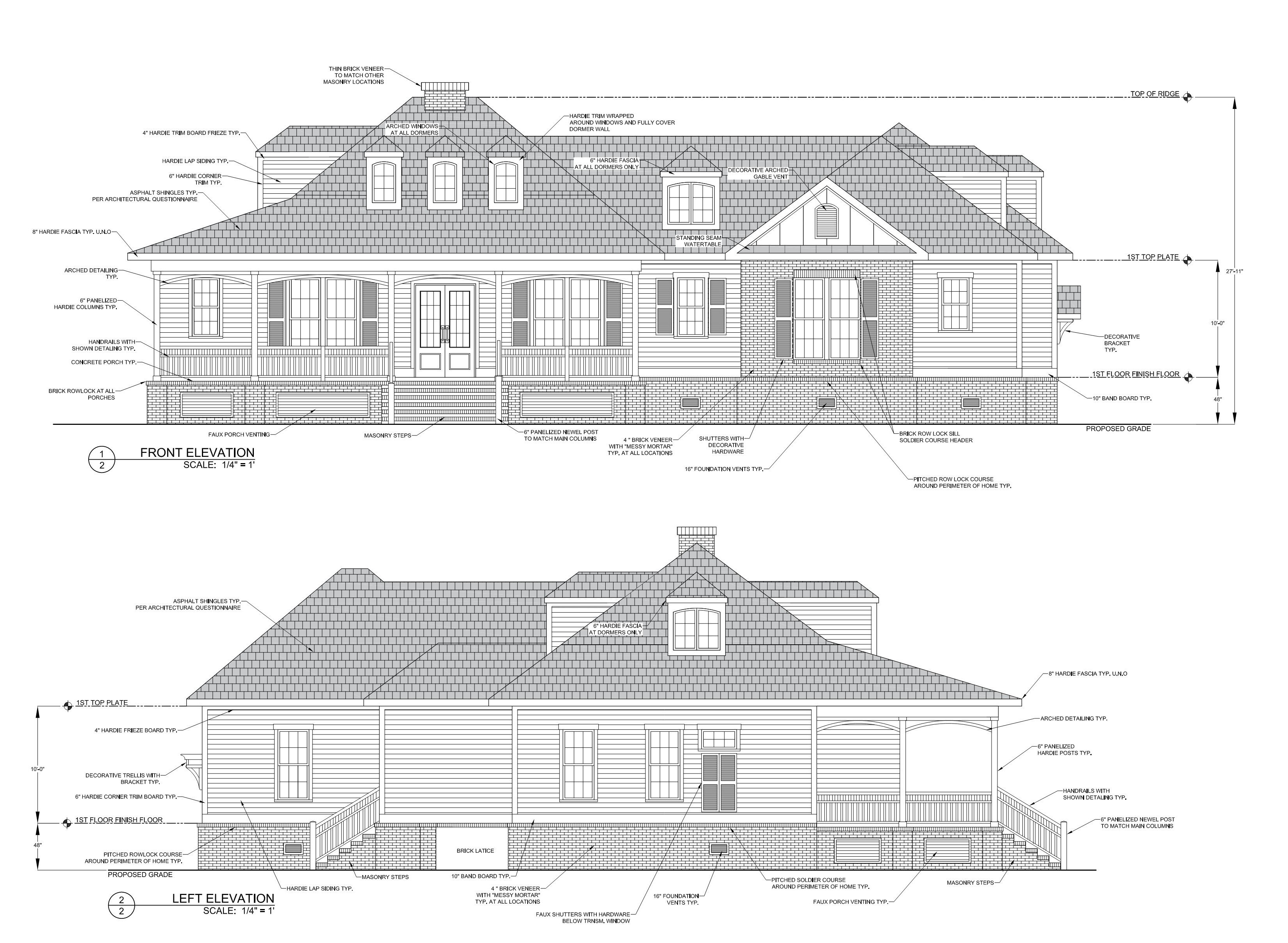 Front and left home elevation drafting for Brunswick County builder plan