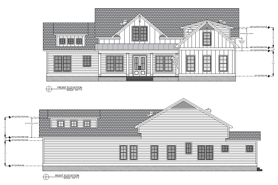 Front and right home elevation drafting for a Wilmington NC builder plan