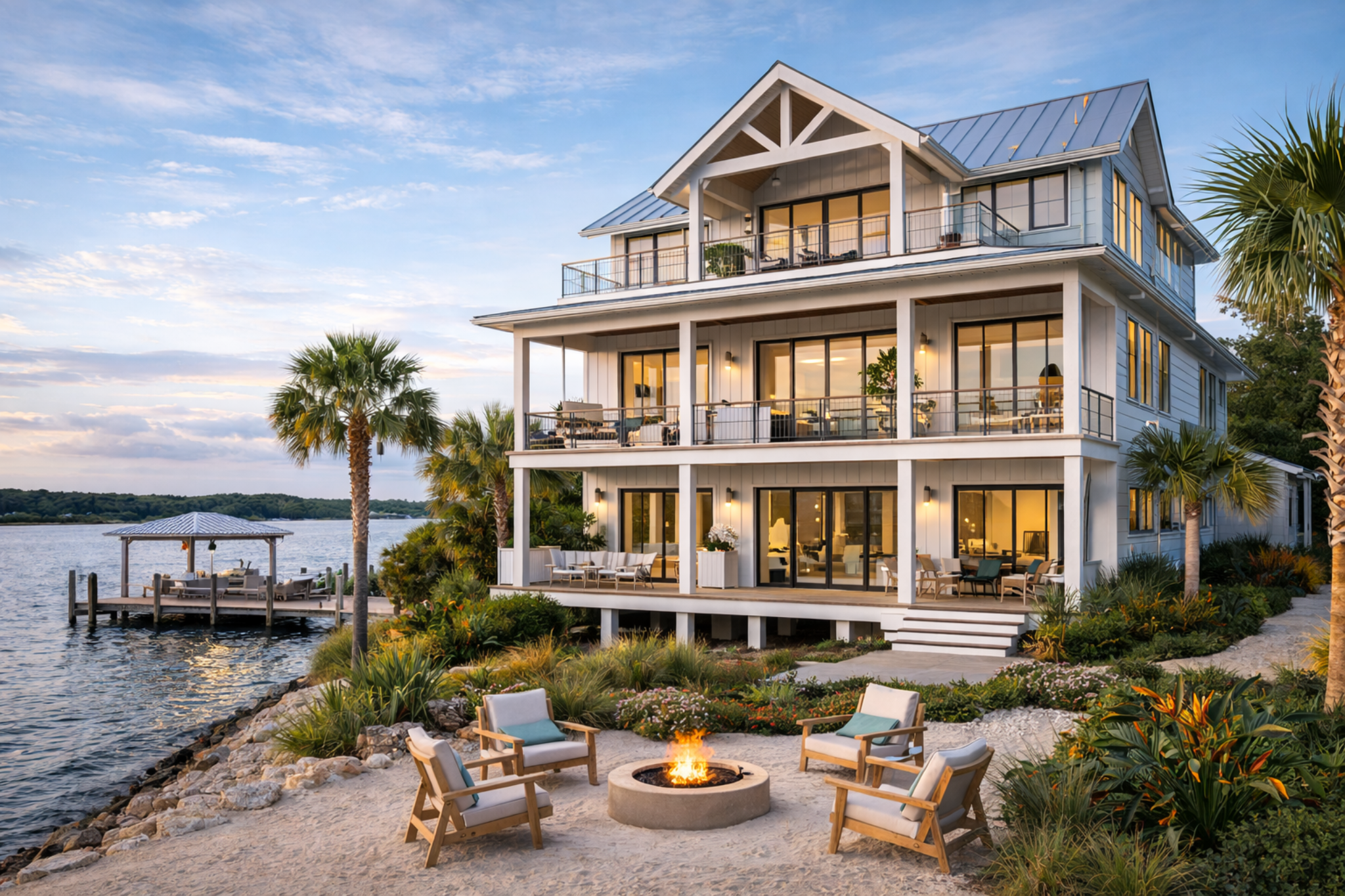 luxury-waterfront-coastal-home-outdoor-fire-pit-private-dock