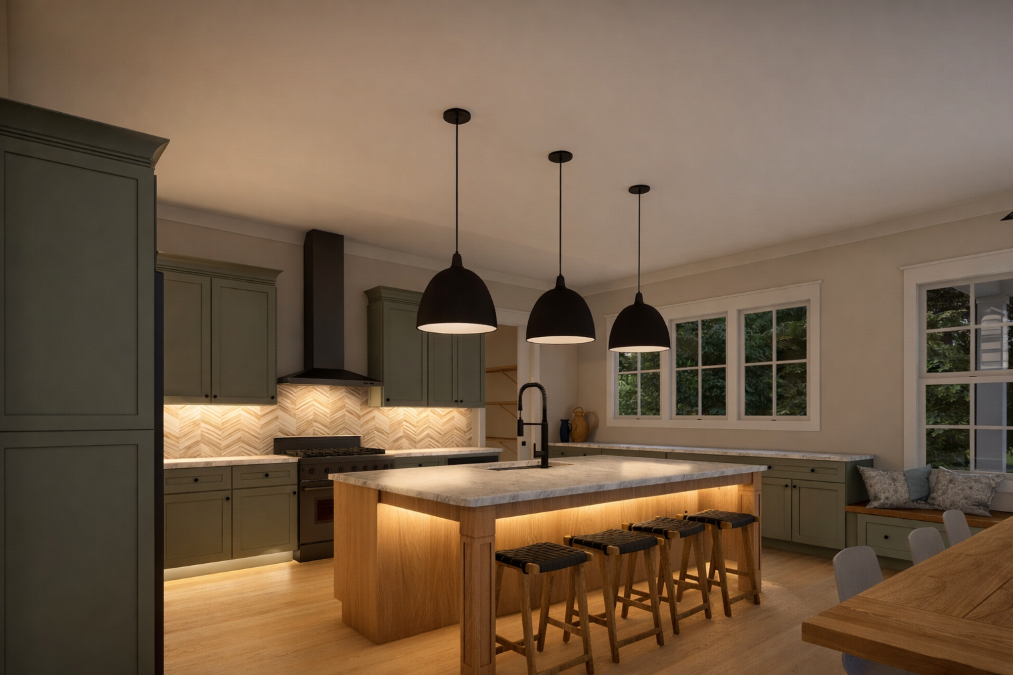 modern-coastal-kitchen-green-cabinets-wood-island-pendant-lighting