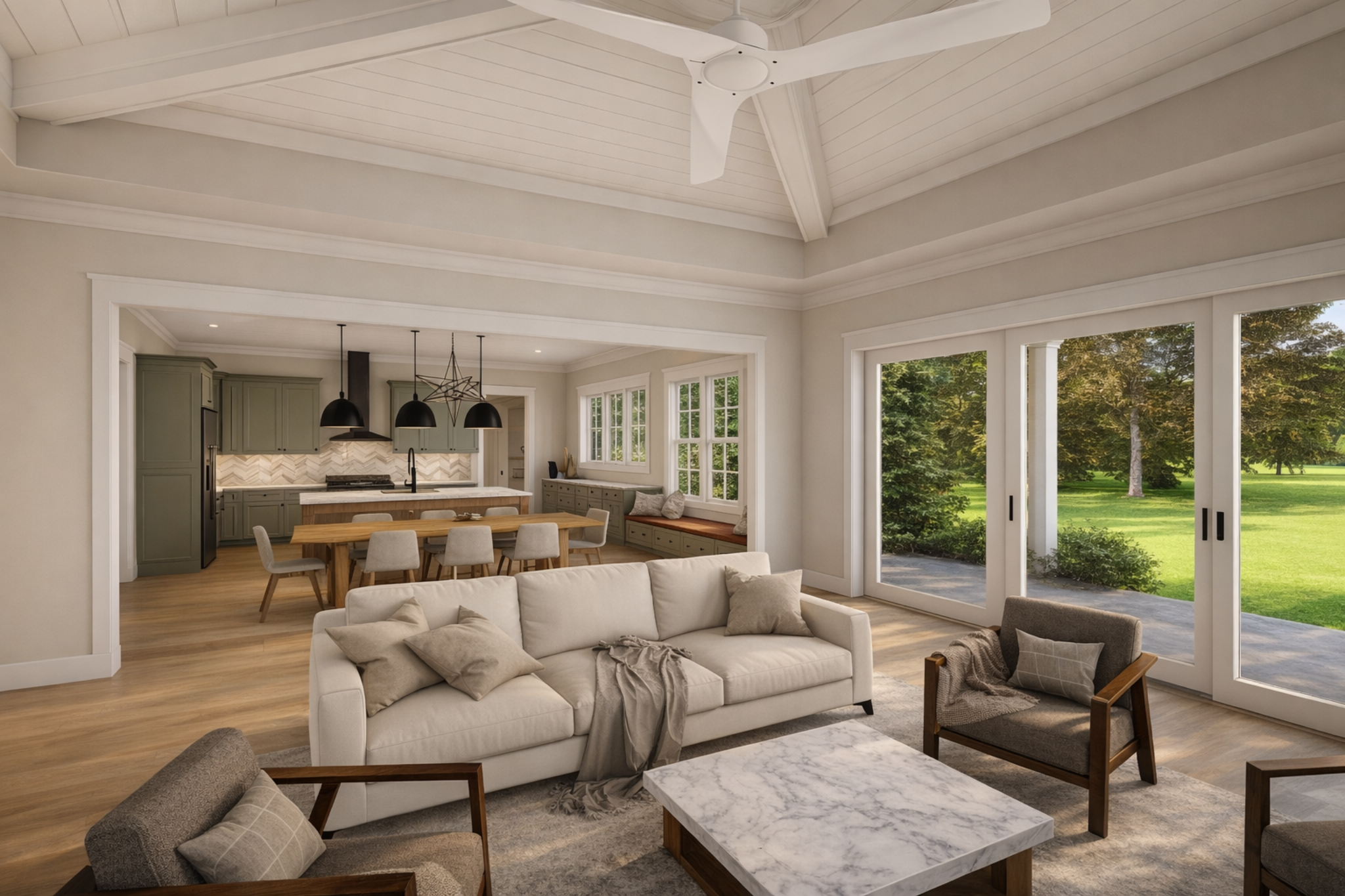 open-concept-coastal-living-room-vaulted-shiplap-ceiling-custom-home-wilmington-nc