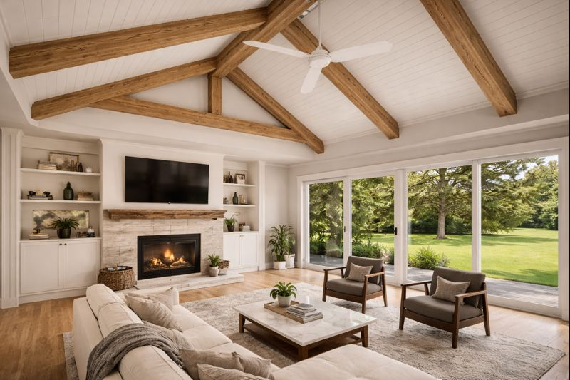 open-concept-living-room-vaulted-ceiling-exposed-wood-beams-fireplace