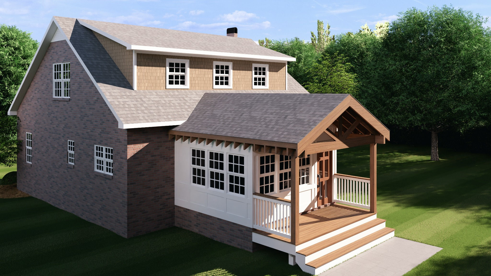 rear-exterior-custom-coastal-home-covered-porch-wood-details-brick-siding